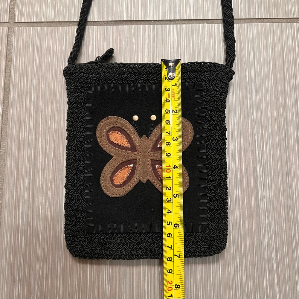 Vintage 90s Y2K Butterfly Crochet Crossbody Bag purse black brown orange leather - Picture 4 of 9